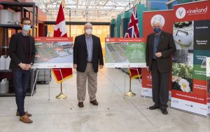 From L-R: Niagara West MPP Sam Oosterhoff, Vineland President and CEO Ian Potter and Toby Barrett, Parliamentary Assistant to Provincial Agriculture Minister 