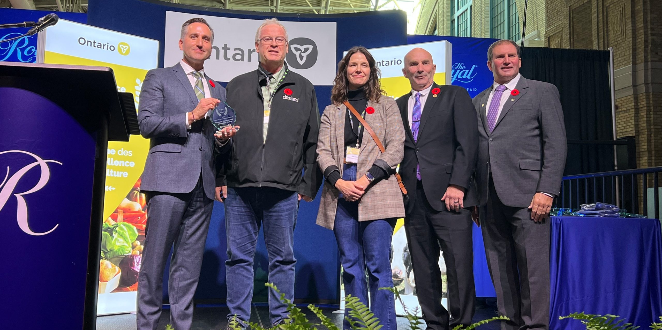 Five people standing on a stage facing the camera and holding an award. 